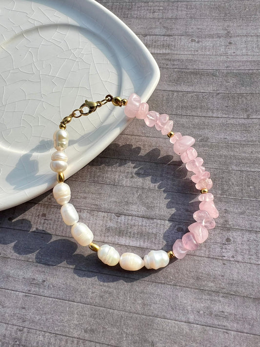 Pulsera Cuarzo rosa con perla